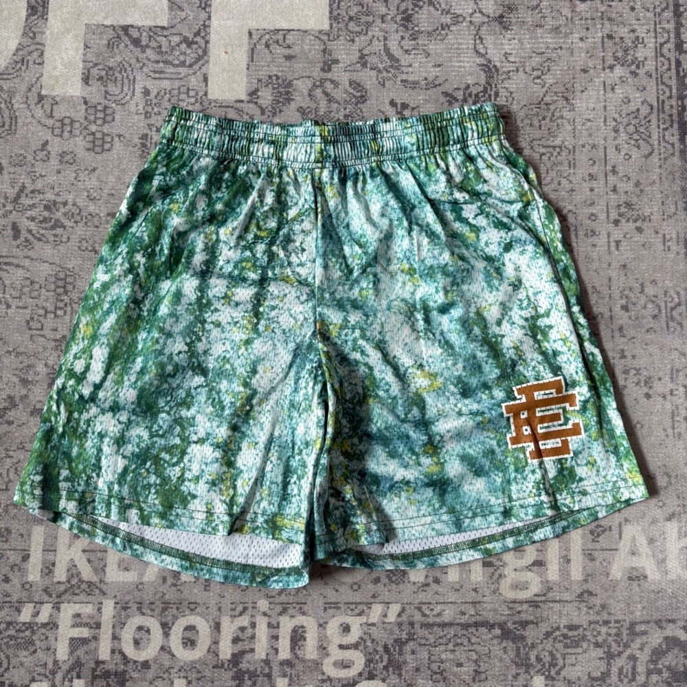 Eric Emanuel EE Basic Mesh Shorts Mens Large Green Yellow Marble Cloud Print L